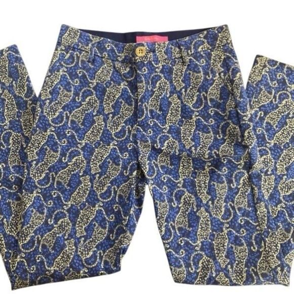 Lilly Pulitzer Cropped Dress Pants – Size 0 – Blue & Gold Cat Print - Picture 4 of 6